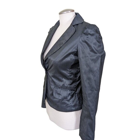 H&M One Button Blazer Womens 6 Gray Shiny Jacket Pinstripe Puff Sleeve Pockets - Picture 4 of 10